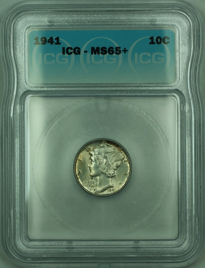 1941 Silver 10 Cent Mercury Dime ICG MS-65 Plus Philadelphia Mint: 1941 Silver 10 Cent Mercury Dime ICG MS-65 Plus Philadelphia Mint This is a 1941 Mercury Silver Dime with a denomination of 10 cents. The coin is composed of silver with a fineness of 0.9 and was mint