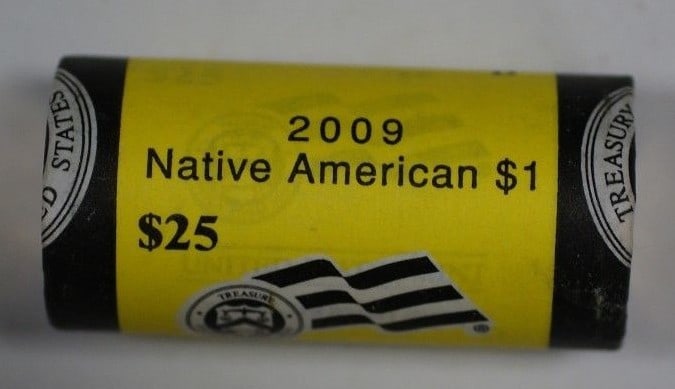 Unopened 25-Coin Roll 2009-D Native American $1 Dollars in Mint Wrapper: Unopened 25-Coin Roll 2009-D Native American $1 Dollars in Mint Wrapper This is an unopened original mint-wrapped roll containing 25 uncirculated 2009-D Native American $1 Dollar coins, also known as 