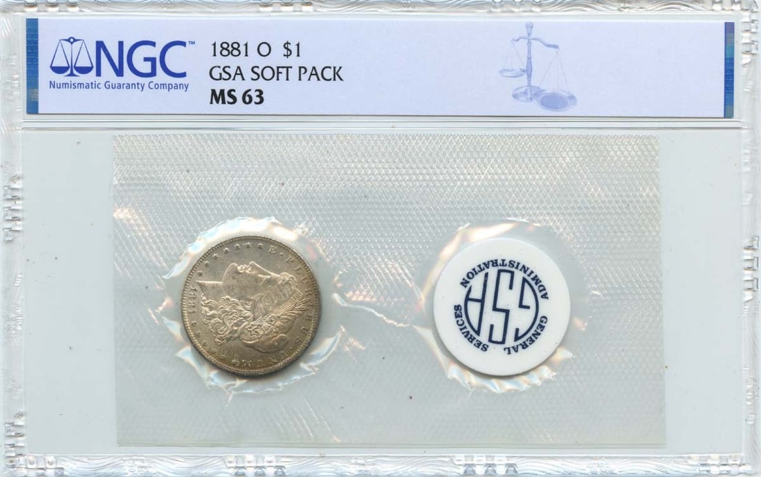 NGC MS63 1881-O Morgan Silver Dollar GSA Soft Pack Reverse Toned: NGC MS63 1881-O Morgan Silver Dollar GSA Soft Pack Reverse Toned This 1881-O Morgan Dollar features reverse toning and comes in a GSA soft pack. Certified by NGC with a grade of MS63, this uncirculate