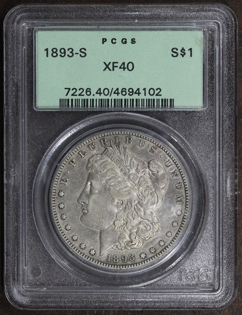 PCGS XF40 1893 San Francisco Morgan Dollar Silver Key Issue: PCGS XF40 1893 San Francisco Morgan Dollar Silver Key Issue This 1893-S Morgan Silver Dollar is a key date coin, graded XF40 by PCGS and housed in an Old Green Holder (OGH). Struck at the San Francisc