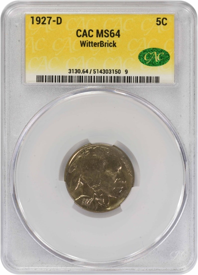 1927 Denver Buffalo Nickel MS64 CACG Certified Five Cent Coin: 1927 Denver Buffalo Nickel MS64 CACG Certified Five Cent Coin This 1927-D Buffalo Nickel is certified by CACG and graded MS64. Struck at the Denver Mint, this uncirculated coin features the classic Bu