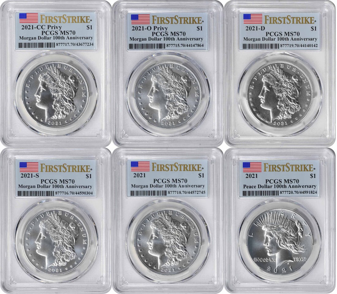 2021 Morgan Peace Silver Dollar 6-Coin Set MS70 PCGS Uncirculated: 2021 Morgan Peace Silver Dollar 6-Coin Set MS70 PCGS Uncirculated This stunning 2021 Morgan and Peace Silver Dollar 6-Coin Set features coins that are certified by PCGS with a grade of MS70, indicatin