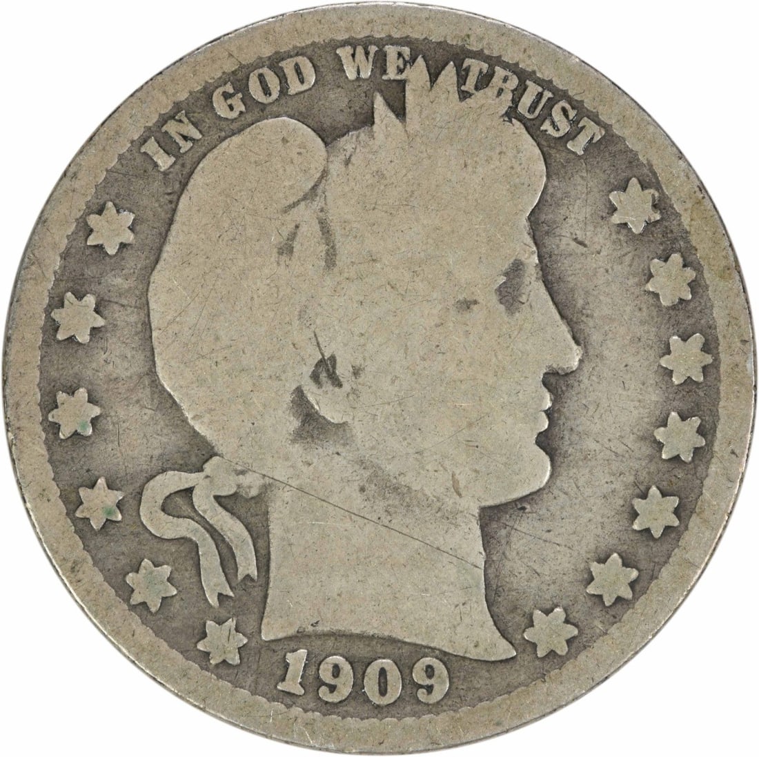 1909-O Barber Silver Quarter 25C G Uncertified Coin: 1909-O Barber Silver Quarter 25C G Uncertified Coin This 1909-O Barber Silver Quarter is a remarkable piece of history, originating from the United States. It features a grade of Good (G) and has been