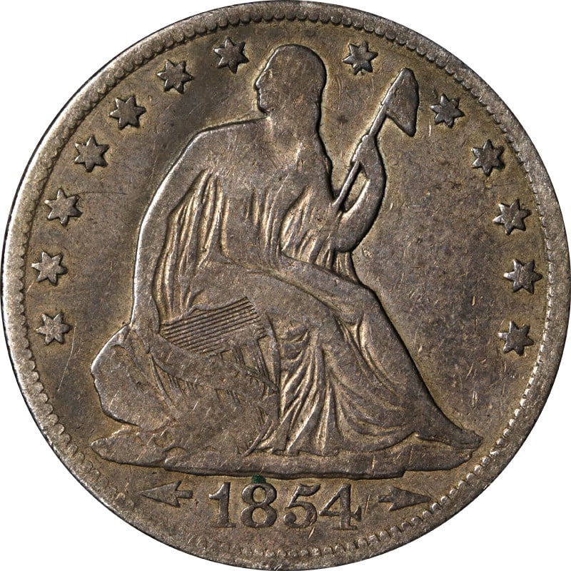 1854 Philadelphia Mint Silver Seated Liberty Half Dollar Coin (1 of 2)