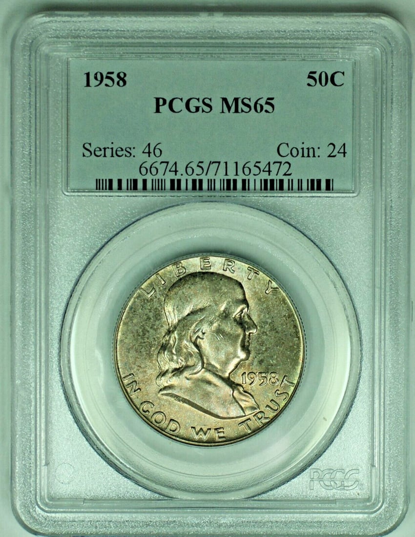PCGS MS 65 1958 Franklin Half Dollar Toned 50C Coin: PCGS MS 65 1958 Franklin Half Dollar Toned 50C Coin This is a 1958 Franklin Half Dollar with attractive toning, graded MS 65 by PCGS. The coin is uncirculated and has been certified for its authentici