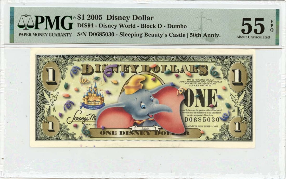 2005 Disney $1 Dumbo and Castle 50th Anniversary PMG AU55 EPQ Note (1 of 2)
