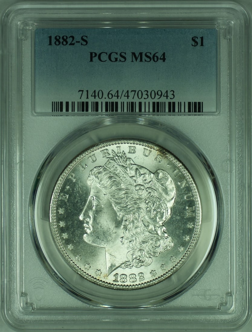 PCGS MS-64 1882-S Morgan Dollar San Francisco Silver Coin: PCGS MS-64 1882-S Morgan Dollar San Francisco Silver Coin This is an 1882-S Morgan Silver Dollar coin graded MS-64 by PCGS. Minted in San Francisco, this uncirculated coin is composed of 90% silver an