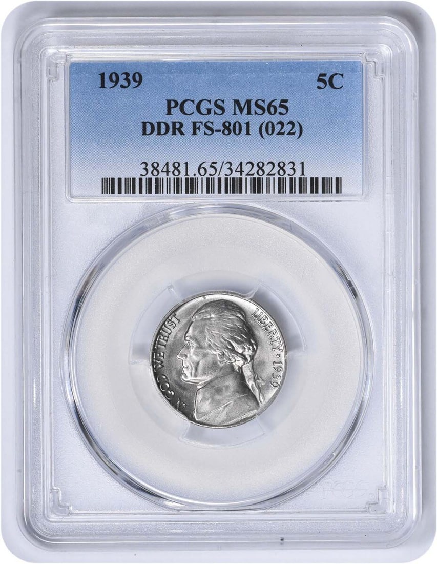 1939 Jefferson Nickel DDR FS-801 MS65 Uncirculated PCGS Certified: 1939 Jefferson Nickel DDR FS-801 MS65 Uncirculated PCGS Certified This 1939 Jefferson Nickel, graded MS65 by PCGS, is a remarkable uncirculated specimen. It features a composition of nickel and has a 