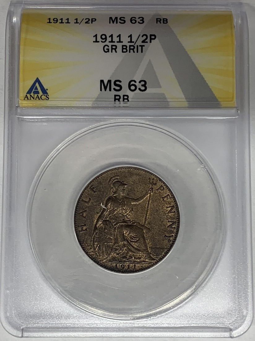 1911 United Kingdom 1 2 Penny Coin ANACS MS 63 Red Brown: 1911 United Kingdom 1 2 Penny Coin ANACS MS 63 Red Brown This 1911 Great Britain Half Penny coin is certified by ANACS with a grade of MS 63 RB. It originates from the United Kingdom and features a re