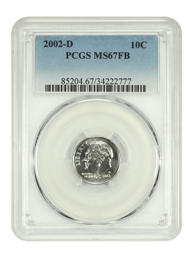 PCGS MS67FB 2002 Denver Roosevelt Dime 10C Uncirculated: PCGS MS67FB 2002 Denver Roosevelt Dime 10C Uncirculated This is a 2002-D Roosevelt Dime graded MS67FB by PCGS. The coin is uncirculated and features the Full Bands (FB) designation. It was minted in D