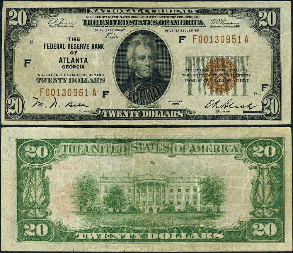 1929 $20 Federal Reserve Note Atlanta F-A Block Circulated VF (1 of 3)