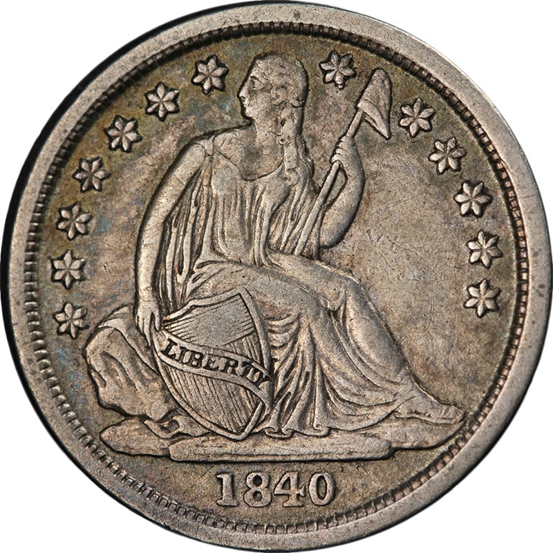 Silver 1840-O Seated Liberty Dime No Drapery Micro O XF Plus: Silver 1840-O Seated Liberty Dime No Drapery Micro O XF Plus This 1840-O Seated Liberty Dime features the 'No Drapery' design and the rare Micro 'O' mintmark. The coin is in Choice Extra Fine Plus (XF