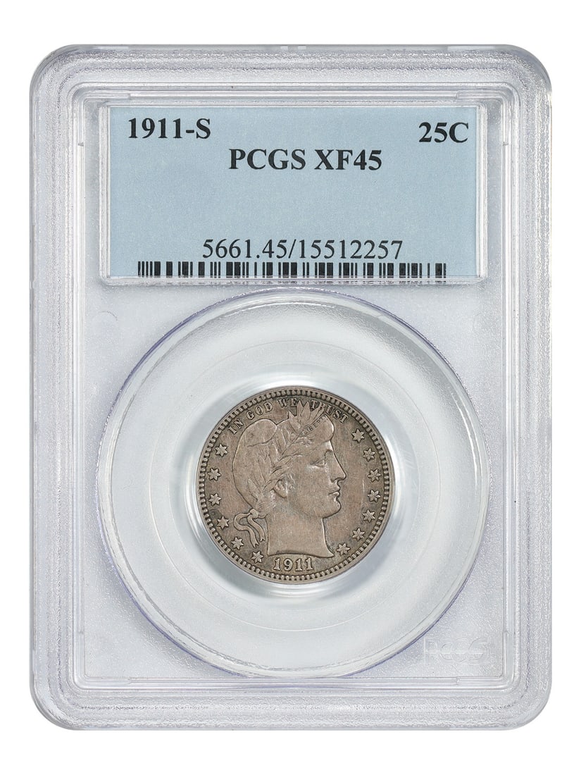Barber Quarter 1911 San Francisco PCGS XF45 Certified 25C Coin: Barber Quarter 1911 San Francisco PCGS XF45 Certified 25C Coin This is a 1911-S Barber Quarter graded XF45 by PCGS. The coin was minted in San Francisco and is circulated, offering a solid example fro