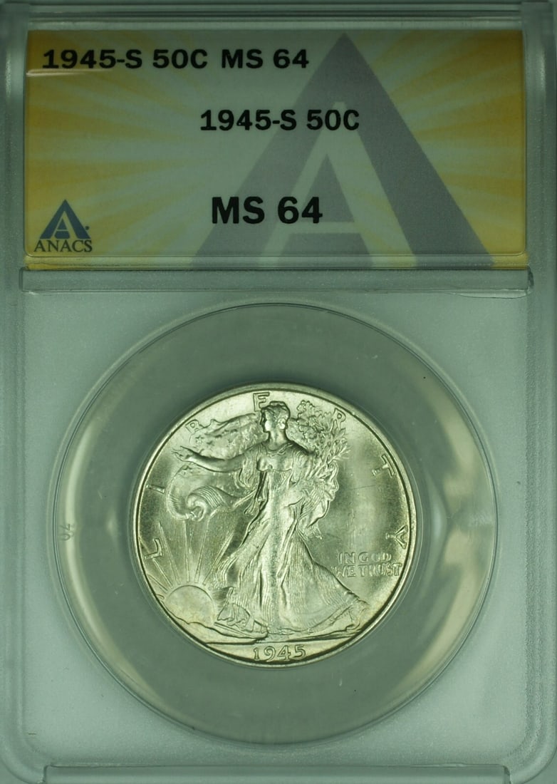 1945-S Liberty Half Dollar Silver 50c ANACS MS-64 Certified Coin: 1945-S Liberty Half Dollar Silver 50c ANACS MS-64 Certified Coin This is a 1945-S Walking Liberty Half Dollar, certified by ANACS with a grade of MS 64. Struck in San Francisco, this uncirculated 50 c