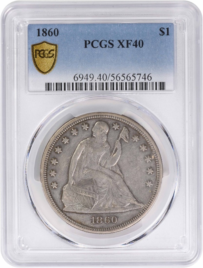 PCGS EF40 1860 Seated Liberty Silver Dollar Philadelphia Mint: PCGS EF40 1860 Seated Liberty Silver Dollar Philadelphia Mint This 1860 Liberty Seated Silver Dollar features the classic design by Christian Gobrecht and was minted in Philadelphia. Composed of 90% s