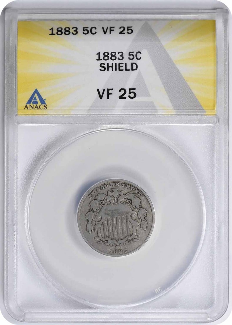 1883 Shield Nickel VF25 ANACS Burnished Philadelphia Mint: 1883 Shield Nickel VF25 ANACS Burnished Philadelphia Mint This 1883 Shield Nickel is graded as VF25 by ANACS, indicating it has visible wear while retaining some details. Minted in Philadelphia, it fe