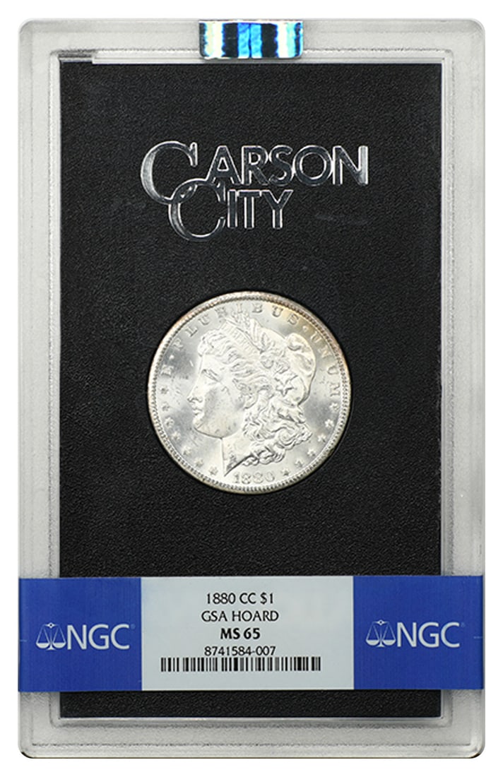 NGC MS65 1880 Carson City Morgan Silver Dollar GSA Holder: NGC MS65 1880 Carson City Morgan Silver Dollar GSA Holder This 1880-CC Morgan Dollar is graded MS65 by NGC and features a light honey gold tone on both the obverse and reverse. Minted in Carson City, 