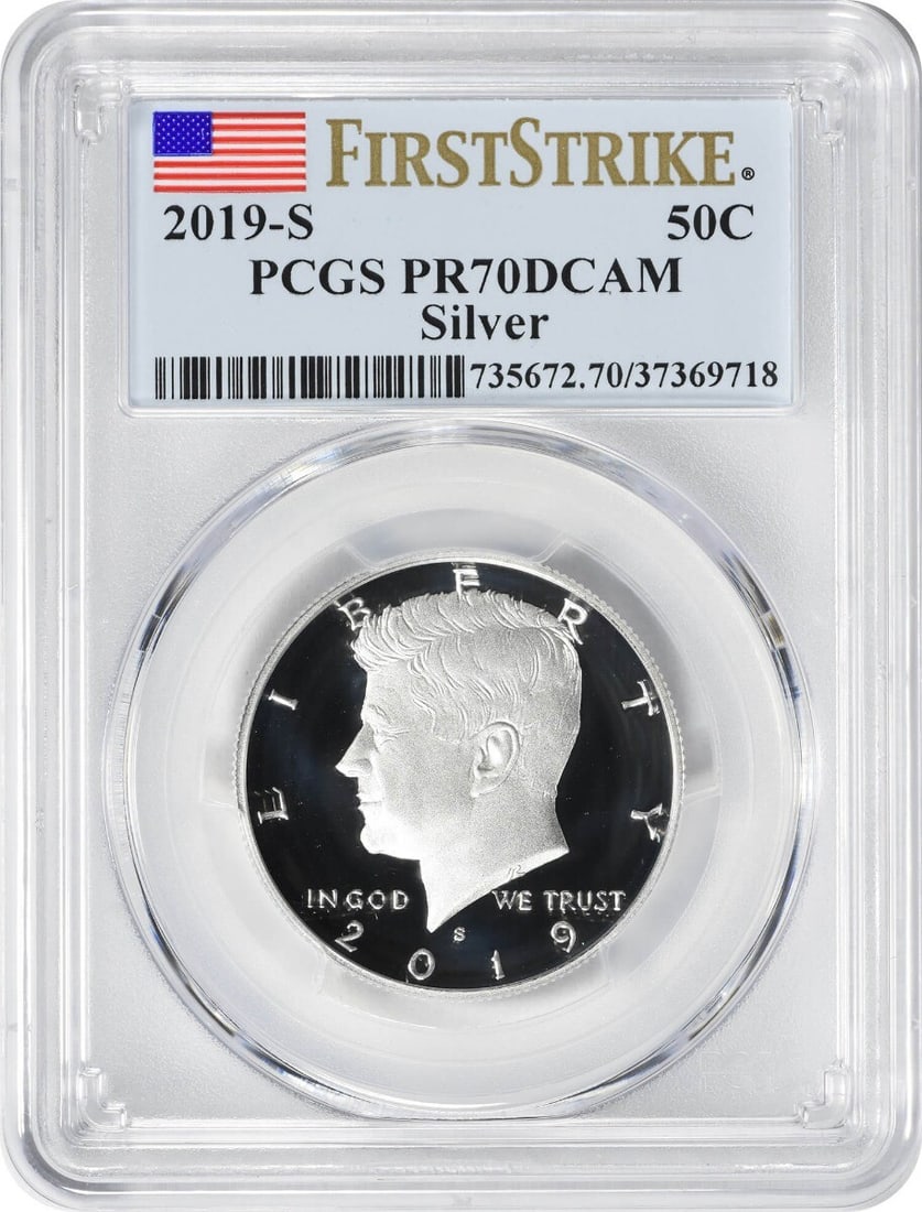 2019-S Silver Kennedy Half Dollar PR70DCAM PCGS Proof 70 First Strike: 2019-S Silver Kennedy Half Dollar PR70DCAM PCGS Proof 70 First Strike This stunning 2019-S Silver Kennedy Half Dollar is a perfect addition for any coin collector. Graded PR70 by PCGS, this coin boast