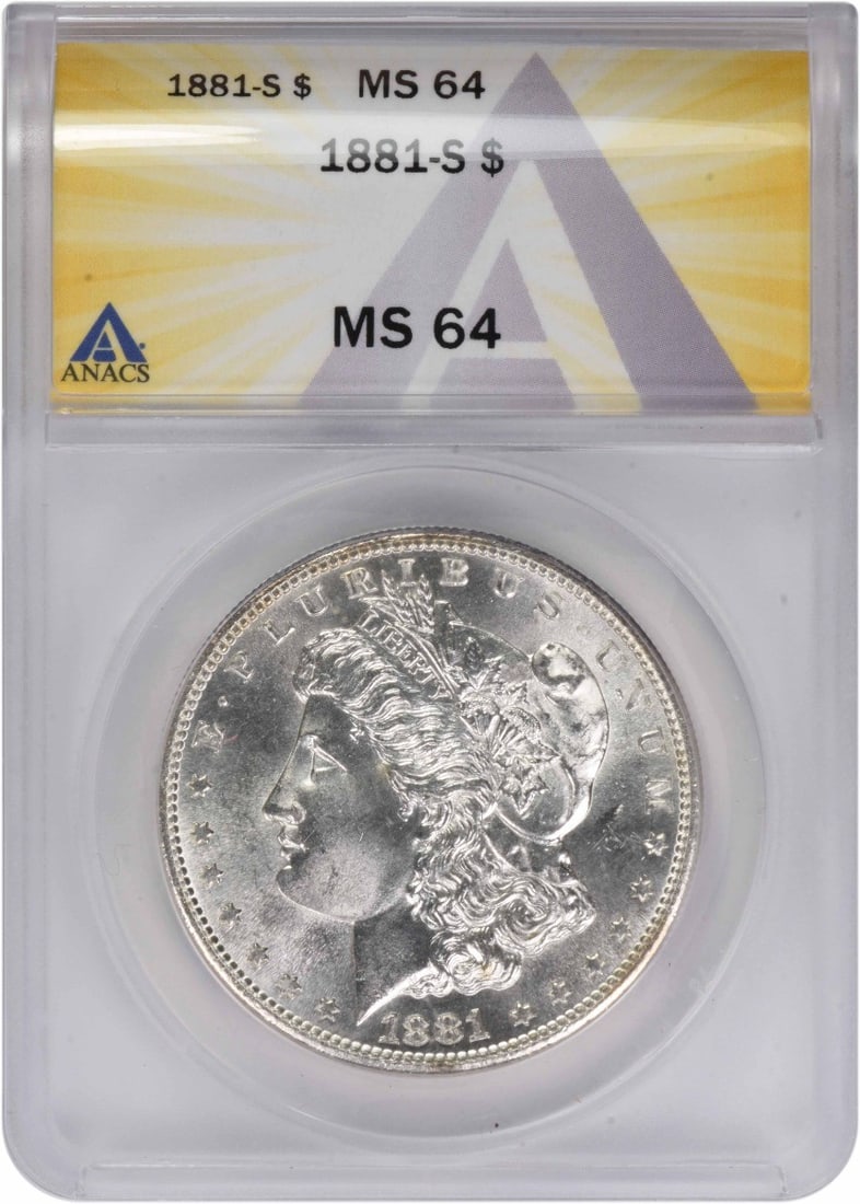ANACS MS64 1881 San Francisco Morgan Silver Dollar: ANACS MS64 1881 San Francisco Morgan Silver Dollar This 1881-S Morgan Silver Dollar is graded MS64 by ANACS. It is composed of 90% silver and 10% copper, was minted in San Francisco, and features a re