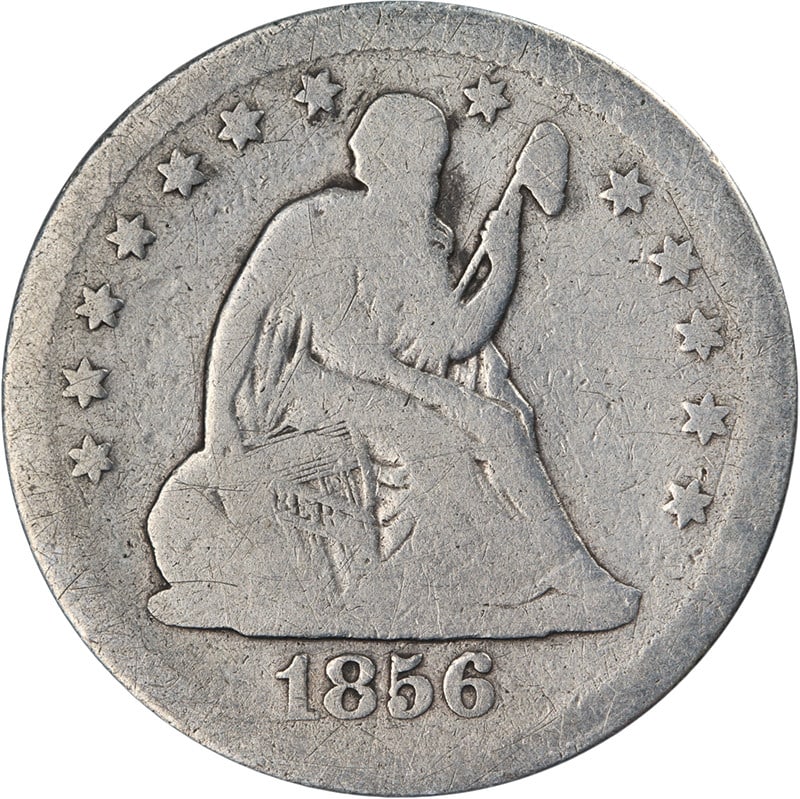 1856-O Seated Liberty Quarter 90% Silver Circulated Coin: 1856-O Seated Liberty Quarter 90% Silver Circulated Coin This 1856-O Seated Liberty Quarter is a remarkable piece of history, showcasing the classic design that has captivated collectors for generatio