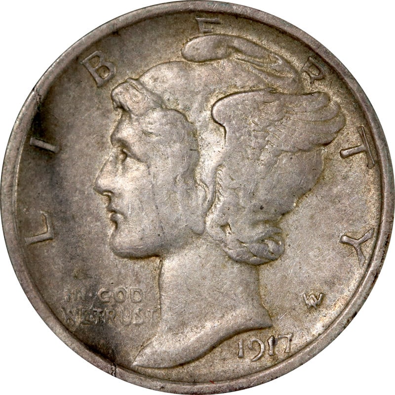 1917 Denver Mint Silver Mercury Dime Coin: 1917 Denver Mint Silver Mercury Dime Coin This is a 1917-D Mercury Dime featuring the iconic Winged Liberty Head design. Minted in Denver, this circulated silver coin is from 1917 and has a fineness o