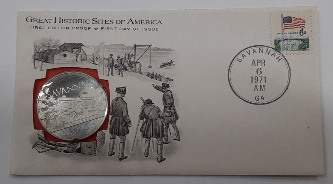 Savannah Georgia 1971 Historic Sites Proof Sterling Silver Medal First Day Cover (1 of 3)