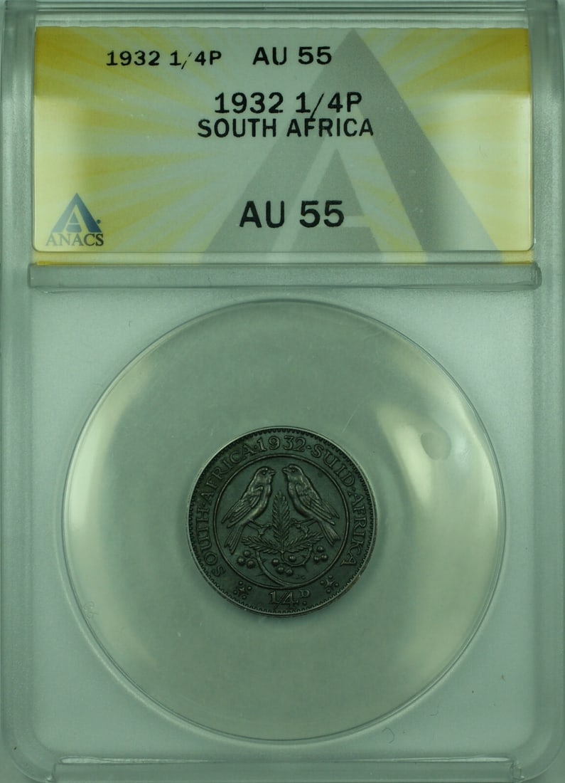 1932 South Africa 1/4 Penny ANACS AU 55 Certified KM 12.3 Coin: 1932 South Africa 1/4 Penny ANACS AU 55 Certified KM 12.3 Coin This 1932 South Africa 1/4 Penny coin has been certified by ANACS with a grade of AU 55. It is an uncirculated, pre-owned coin with a den