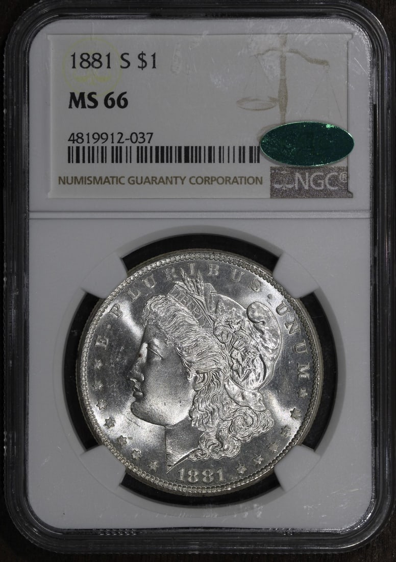 NGC MS66 CAC 1881 San Francisco Morgan Dollar Silver $1 Coin: NGC MS66 CAC 1881 San Francisco Morgan Dollar Silver $1 Coin This is an un-used 1881-S Morgan Silver Dollar graded MS66 by NGC with CAC approval. Minted in San Francisco, this superb gem features a si