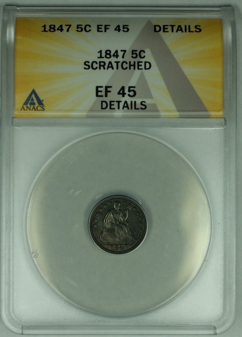 ANACS XF 45 1847 Seated Liberty Half Dime Toned United States Coin: ANACS XF 45 1847 Seated Liberty Half Dime Toned United States Coin This 1847 Seated Liberty Half Dime features attractive toning and is graded XF 45 Details by ANACS. Issued by the United States, this