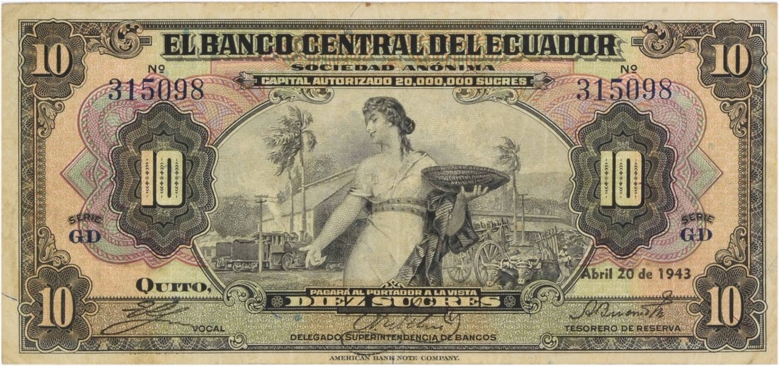 1943 Ten Sucres Coin from Ecuador VF Grade Uncertified (1 of 2)