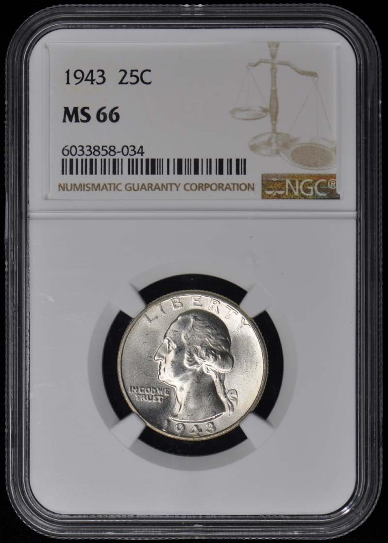 1943 Washington Quarter NGC MS66 Uncirculated Coin: 1943 Washington Quarter NGC MS66 Uncirculated Coin This 1943 Washington Quarter is a remarkable piece, certified by NGC with a grade of MS66, indicating its uncirculated condition. Minted in Philadelp
