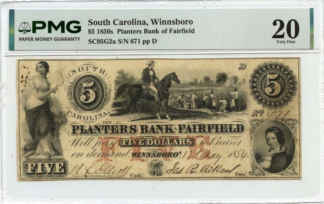 Planters Bank Fairfield 1854 Five Dollar Winnsboro Obsolete Currency PMG VF20: Planters Bank Fairfield 1854 Five Dollar Winnsboro Obsolete Currency PMG VF20 This is an 1854 $5 obsolete note issued by the Planters Bank of Fairfield in Winnsboro, South Carolina. The note has been 