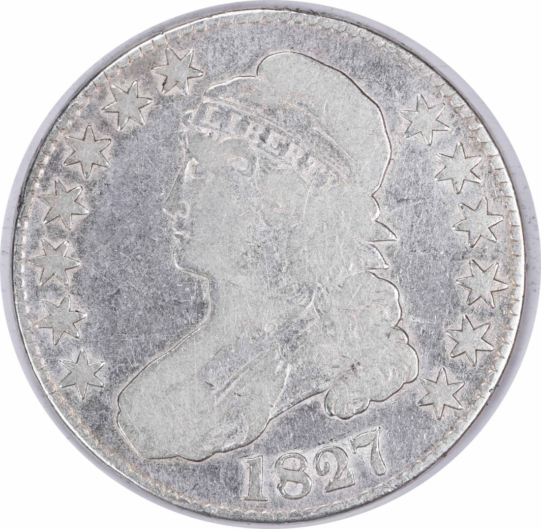 1827 Bust Half Dollar 50C Uncertified Philadelphia Mint: 1827 Bust Half Dollar 50C Uncertified Philadelphia Mint This 1827 Bust Half Dollar features a classic design by John Reich and is a notable addition for any coin collector. Minted in Philadelphia, thi