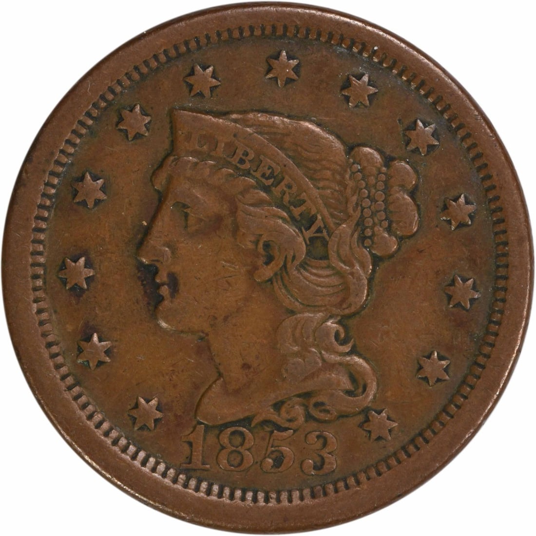 1853 Braided Hair Large Cent EF Uncertified Copper Coin: 1853 Braided Hair Large Cent EF Uncertified Copper Coin This 1853 Large Cent features a beautiful Braided Hair design and is graded as EF (Extremely Fine). Minted in Philadelphia, it showcases the cra