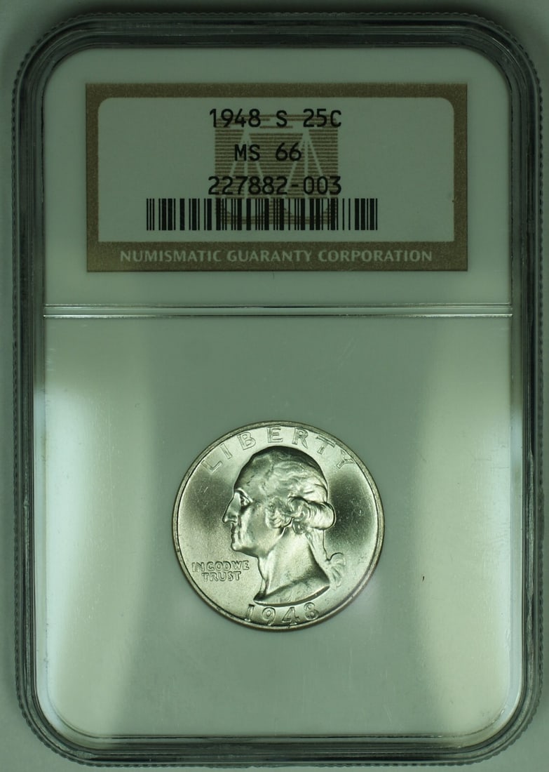 NGC MS 66 1948-S Washington 25C Silver Quarter Coin: NGC MS 66 1948-S Washington 25C Silver Quarter Coin This 1948-S Washington Silver Quarter is graded MS 66 by NGC, indicating an uncirculated condition. Minted in the United States, this coin features 