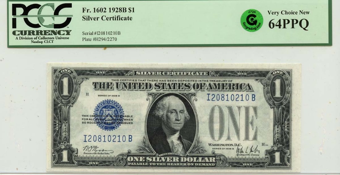 PCGS Certified Uncirculated 1928B $1 Silver Certificate Fr1602 MS64: PCGS Certified Uncirculated 1928B $1 Silver Certificate Fr1602 MS64 This is a 1928B $1 Silver Certificate from the United States, graded MS64 by PCGS Currency. It is an uncirculated note with a certif