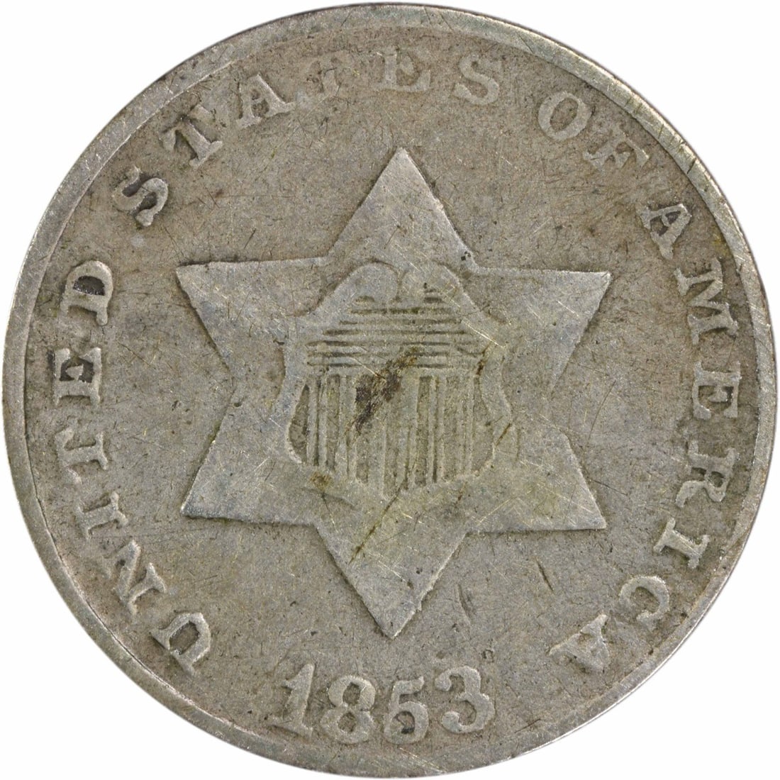 1853 Three Cent Silver Coin F Uncertified Philadelphia Mint: 1853 Three Cent Silver Coin F Uncertified Philadelphia Mint This 1853 Three Cent Silver coin features a design by James Barton Longacre and is notable for its historical significance. Minted in Philad