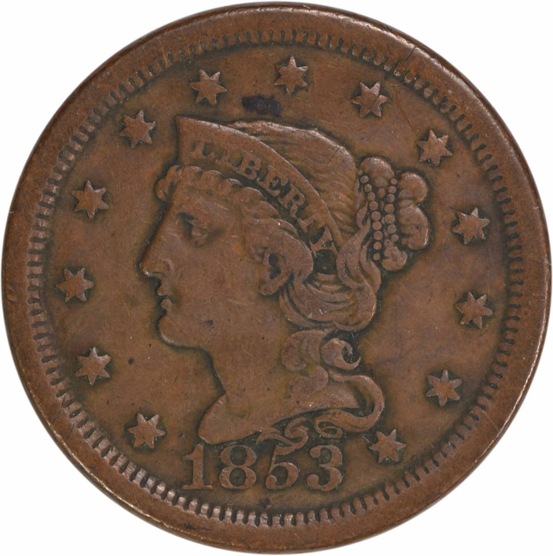 1853 Braided Hair Large Cent Copper 27.50mm Uncertified: 1853 Braided Hair Large Cent Copper 27.50mm Uncertified This 1853 Large Cent features the Braided Hair design by Christian Gobrecht, showcasing a rich history from the Philadelphia Mint. Graded as EF,