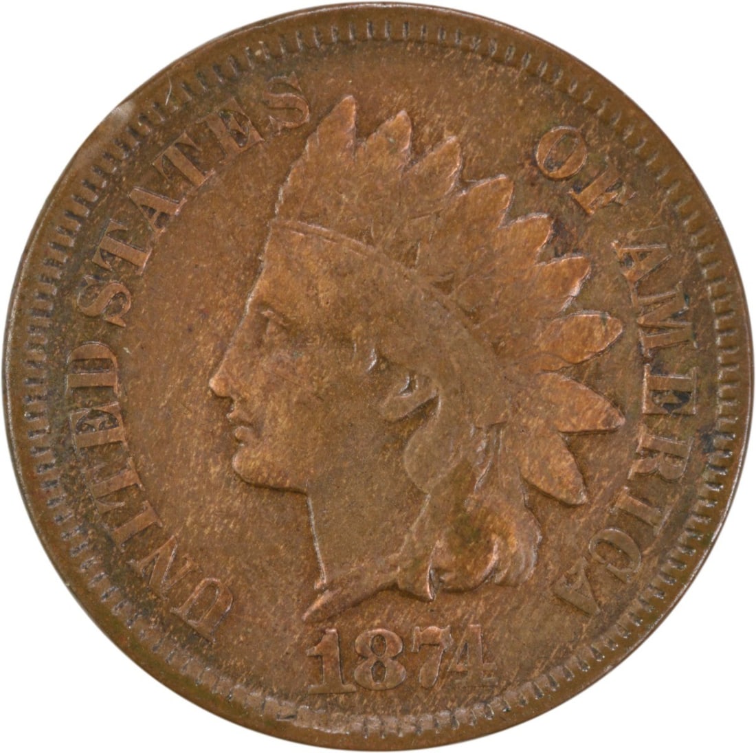 1874 Indian Head Cent F Grade Uncertified Philadelphia Mint: 1874 Indian Head Cent F Grade Uncertified Philadelphia Mint This 1874 Indian Cent features the iconic Indian Head design, crafted from a composition of 95% copper and 5% tin and zinc. This coin, minte