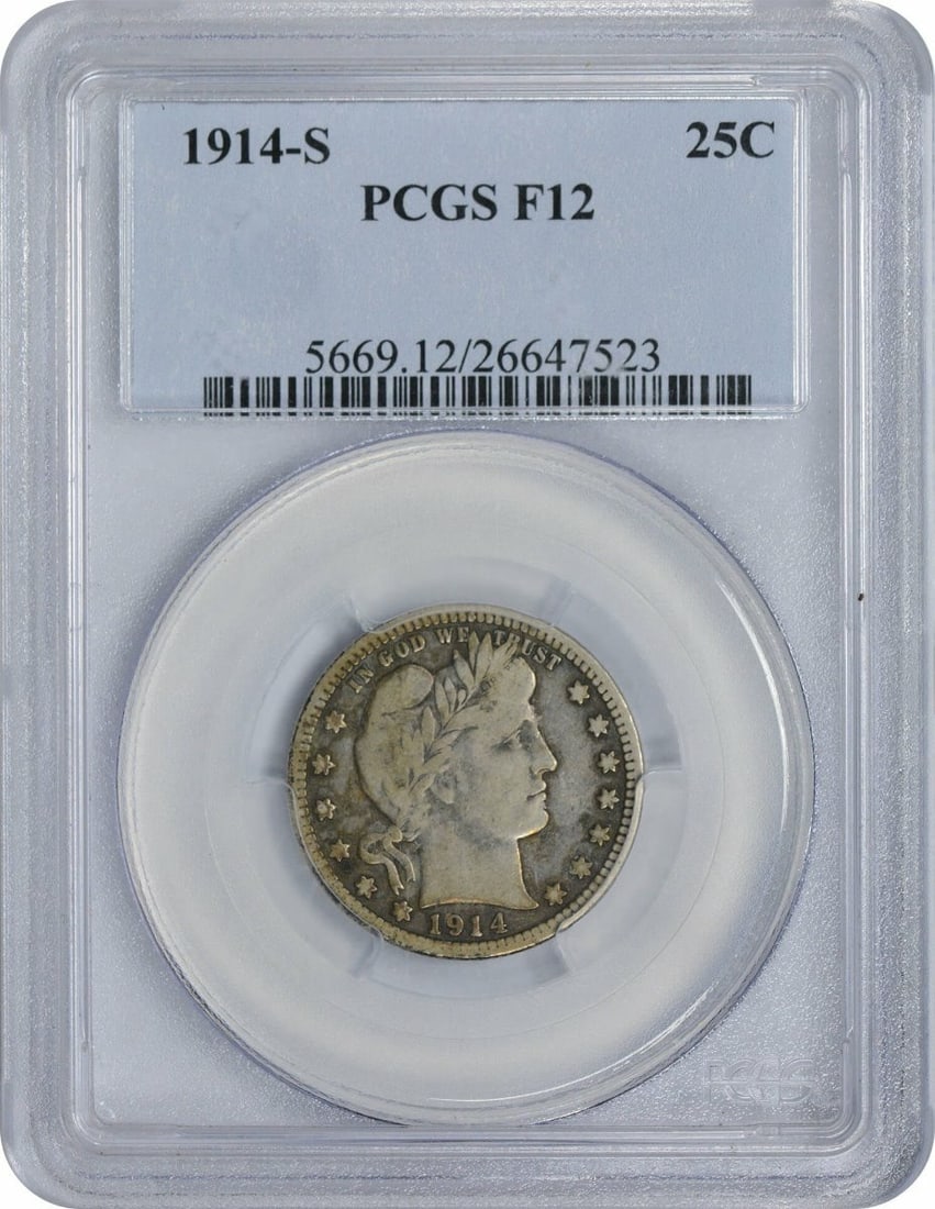 PCGS F12 1914 San Francisco Barber Quarter 90 Percent Silver: PCGS F12 1914 San Francisco Barber Quarter 90 Percent Silver This 1914-S Barber Quarter is a circulated coin graded F12 by PCGS. Minted in San Francisco, it features a composition of 90% silver and 10