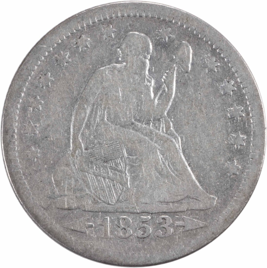 1853-O Liberty Seated Quarter Arrows Rays Uncertified 90% Silver: 1853-O Liberty Seated Quarter Arrows Rays Uncertified 90% Silver This 1853-O Liberty Seated Quarter features the Arrows and Rays design, showcasing the artistry of designers Robert Ball Hughes and Chr
