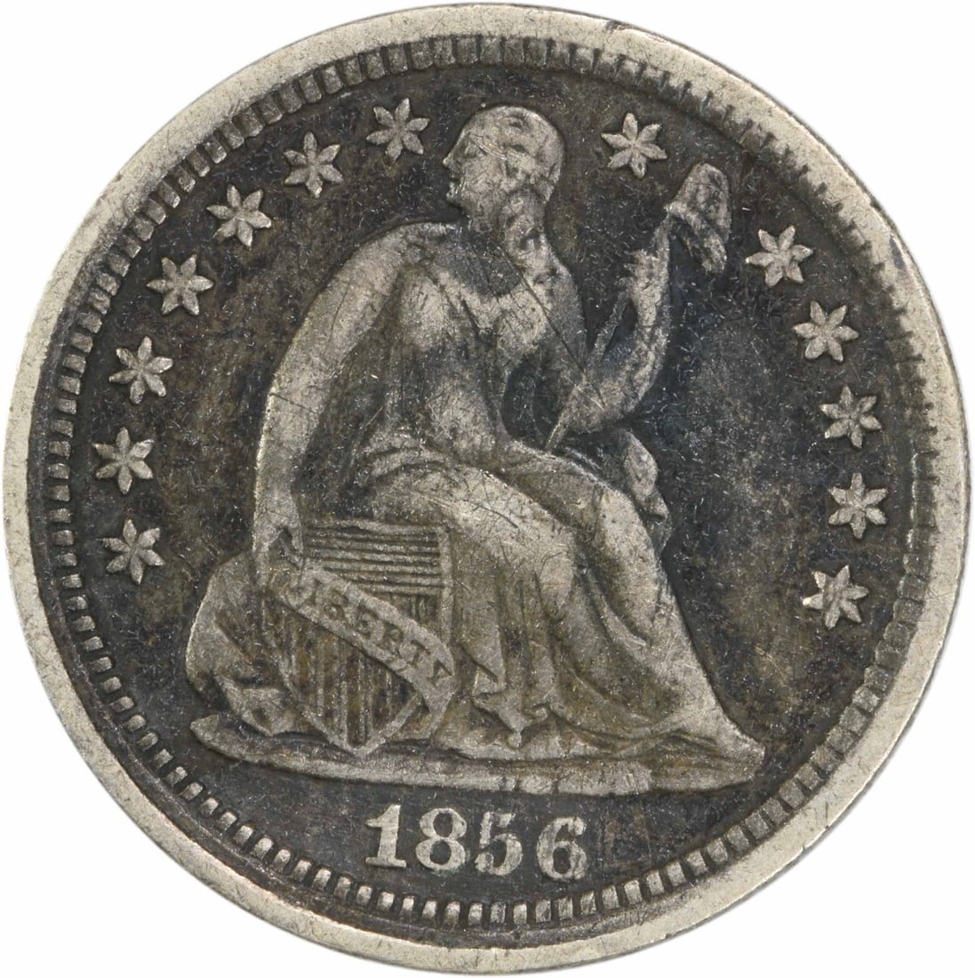 1856 Liberty Seated Half Dime 90% Silver EF Uncertified: 1856 Liberty Seated Half Dime 90% Silver EF Uncertified This 1856 Liberty Seated Half Dime showcases a classic design by Christian Gobrecht, symbolizing the rich history of American coinage. Struck in
