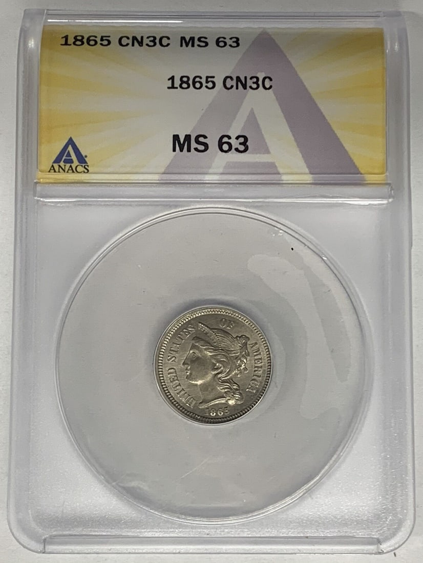 ANACS MS 63 1865 Three Cent Nickel Uncirculated United States Coin: ANACS MS 63 1865 Three Cent Nickel Uncirculated United States Coin This is an 1865 Three Cent Nickel coin from the United States, certified by ANACS with a grade of MS 63. The coin is composed of nick