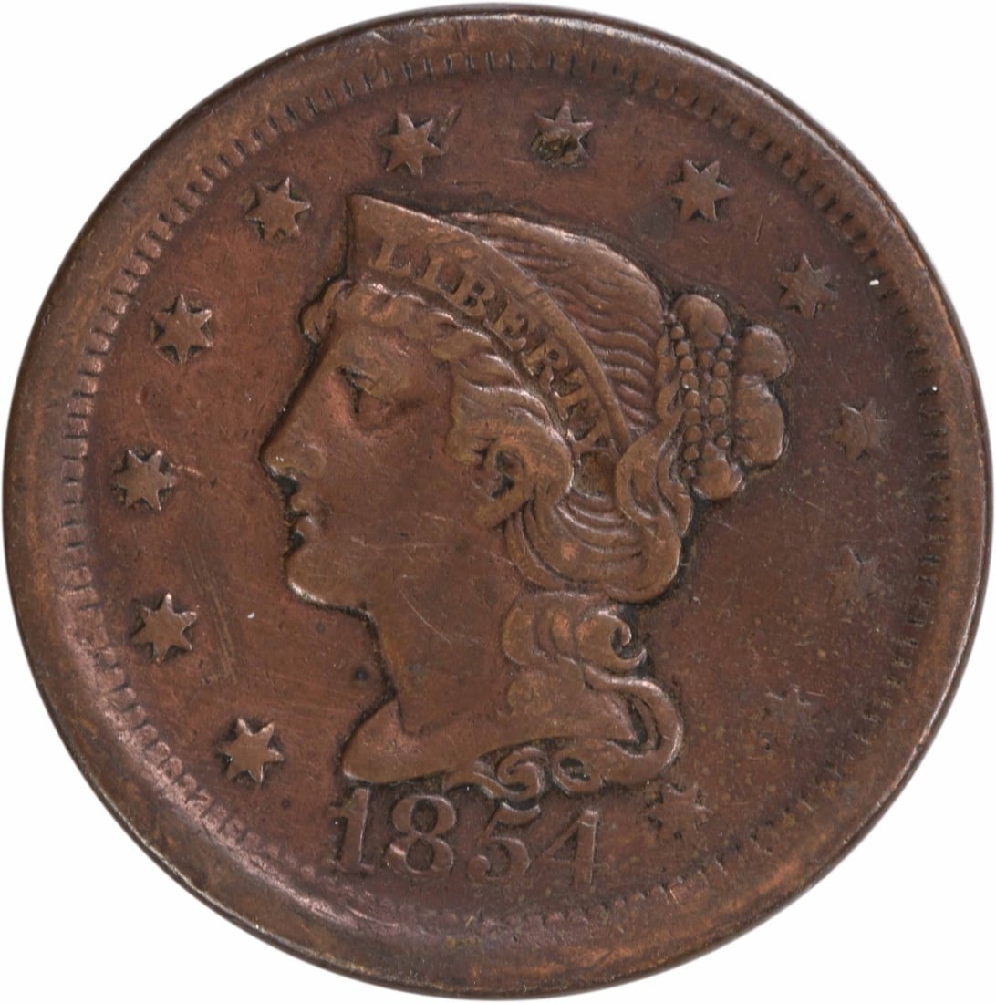1854 Braided Hair Large Cent Copper Coin EF Uncertified: 1854 Braided Hair Large Cent Copper Coin EF Uncertified This 1854 Large Cent showcases a beautiful Braided Hair design, crafted in copper and minted in Philadelphia. With an estimated mintage of 4,236