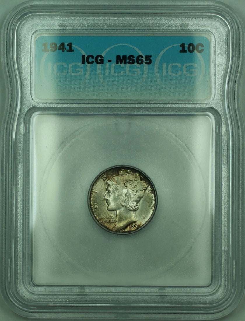 1941 Toned Mercury Dime 10c Silver Coin ICG MS-65 Philadelphia Mint: 1941 Toned Mercury Dime 10c Silver Coin ICG MS-65 Philadelphia Mint This 1941 Mercury Silver Dime is uncirculated and certified by ICG with a grade of MS-65. The coin features attractive toning and is