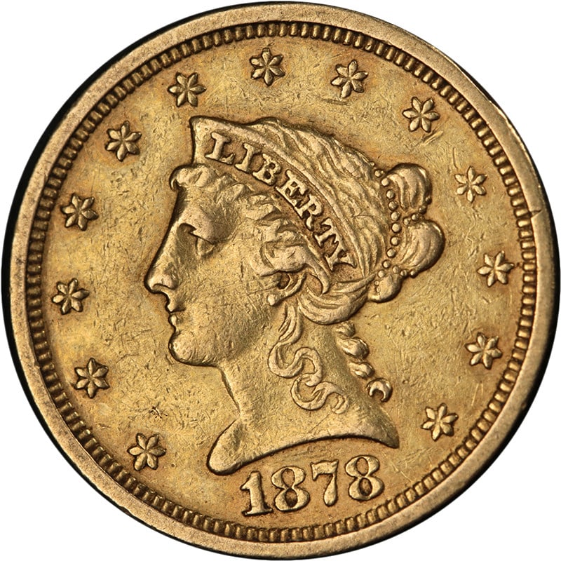 1878-S $2.50 Liberty Gold Coin XF AU San Francisco Mint: 1878-S $2.50 Liberty Gold Coin XF AU San Francisco Mint This 1878-S Liberty Gold $2.50 coin from the United States features attractive luster and strong strike, with pleasing color and surfaces. Grade