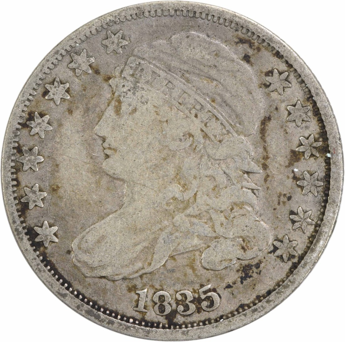 1835 Capped Bust Silver Dime 10C Uncertified Coin: 1835 Capped Bust Silver Dime 10C Uncertified Coin This 1835 Capped Bust Silver Dime features a classic design by John Reich and is a notable piece for collectors. It is a circulated coin from the Phil