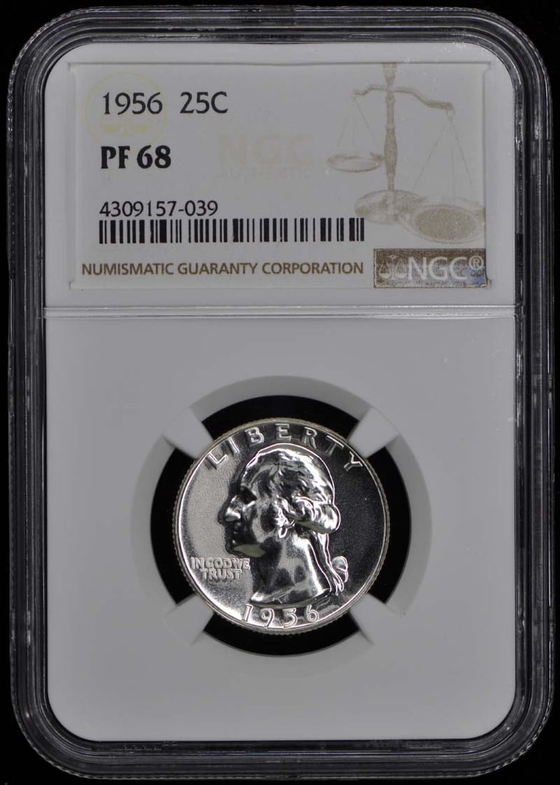 1956 NGC PR68 Washington Quarter Uncirculated Proof Coin: 1956 NGC PR68 Washington Quarter Uncirculated Proof Coin This 1956 Washington Quarter is certified by NGC with a grade of PR68, indicating its exceptional quality. It is an uncirculated proof coin min