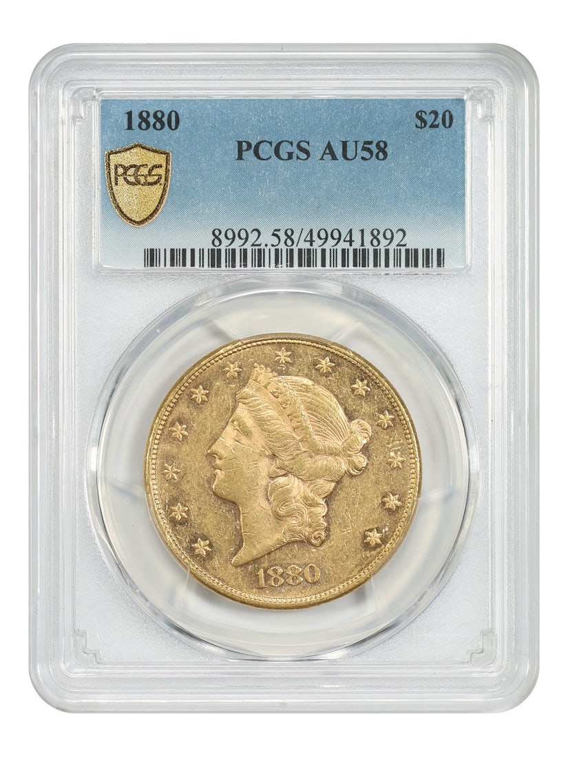 1880 Liberty Head Twenty Dollar Gold Coin PCGS AU58 Low Mintage: 1880 Liberty Head Twenty Dollar Gold Coin PCGS AU58 Low Mintage This 1880 Liberty Head $20 gold coin is graded AU58 by PCGS and was minted in Philadelphia. With a low mintage of just 51,420 coins, it 