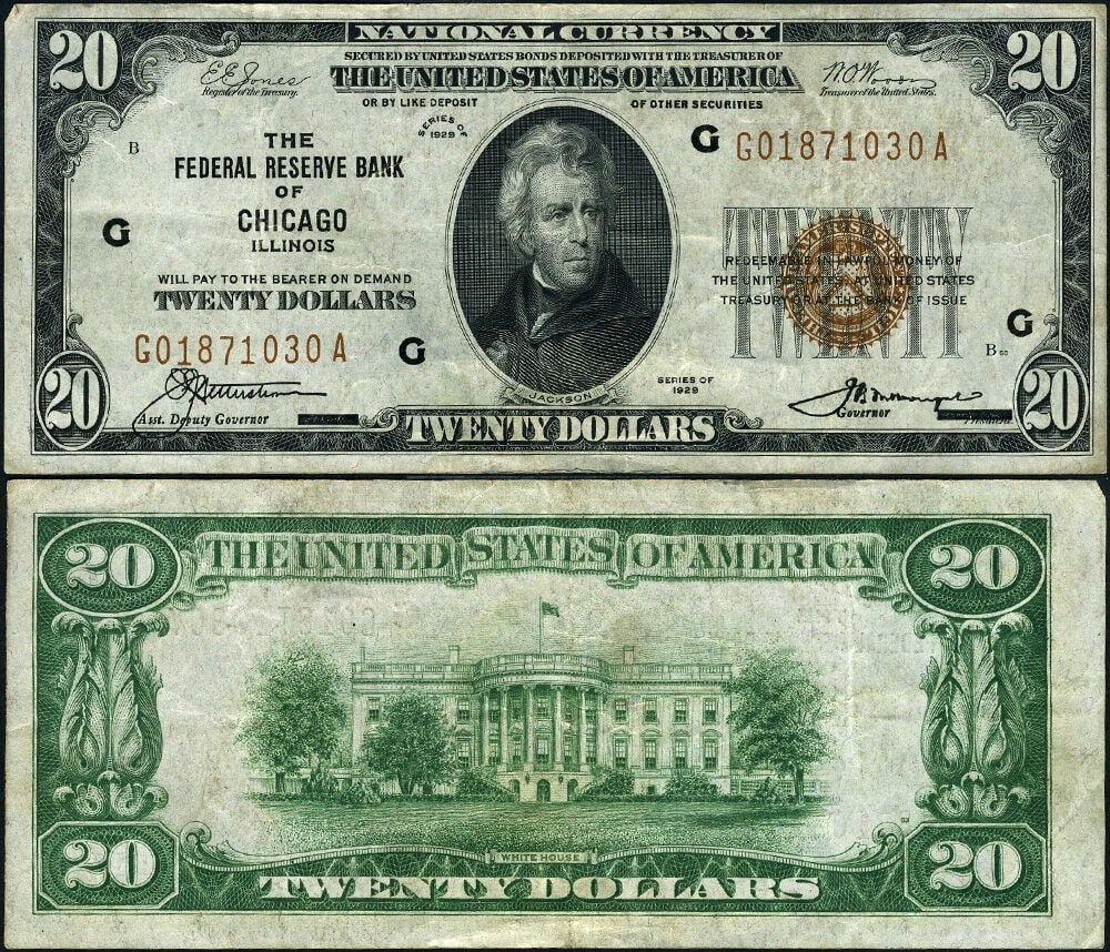 1929 $20 Federal Reserve Note Chicago G-A Block XF Circulated (1 of 3)